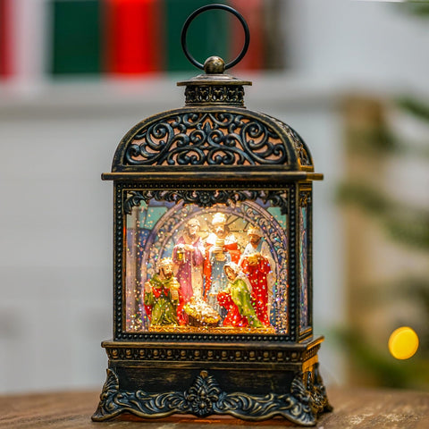MXwcy front view nativity lantern showing warm light and scene, adds festive charm