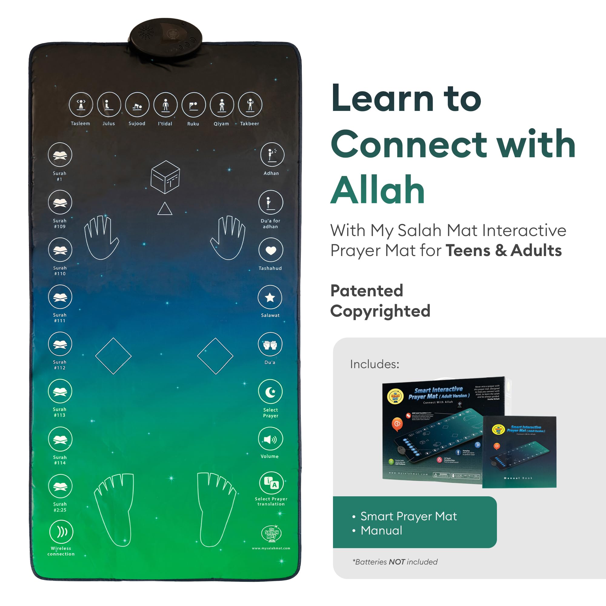 My Salah Mat close-up of 25 touch keys offering precise lesson selection and guidance