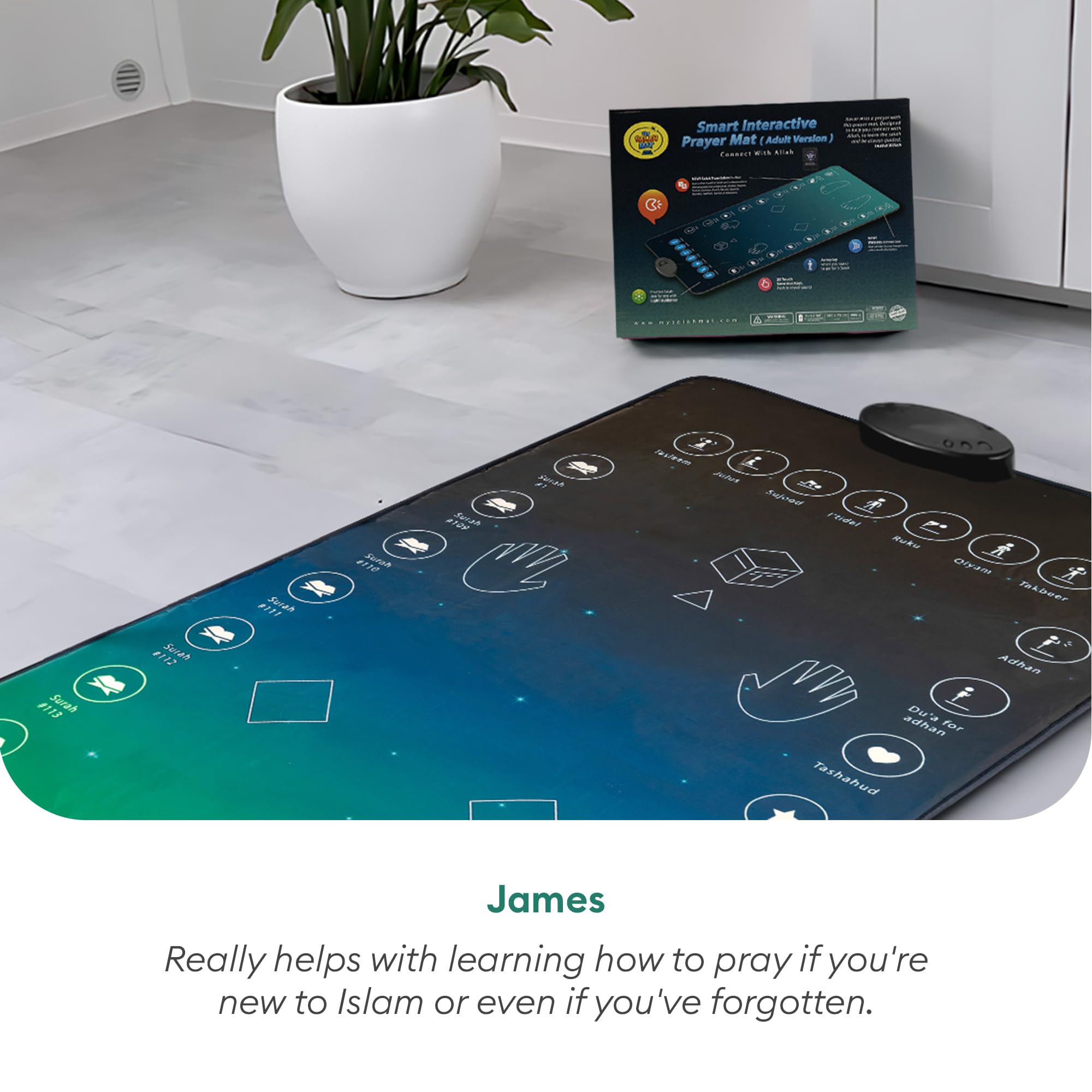 My Salah Mat paired with wireless earphones for private recitation practice and focus