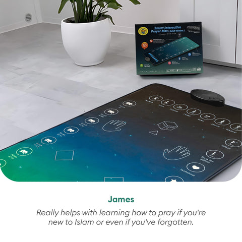 My Salah Mat paired with wireless earphones for private recitation practice and focus