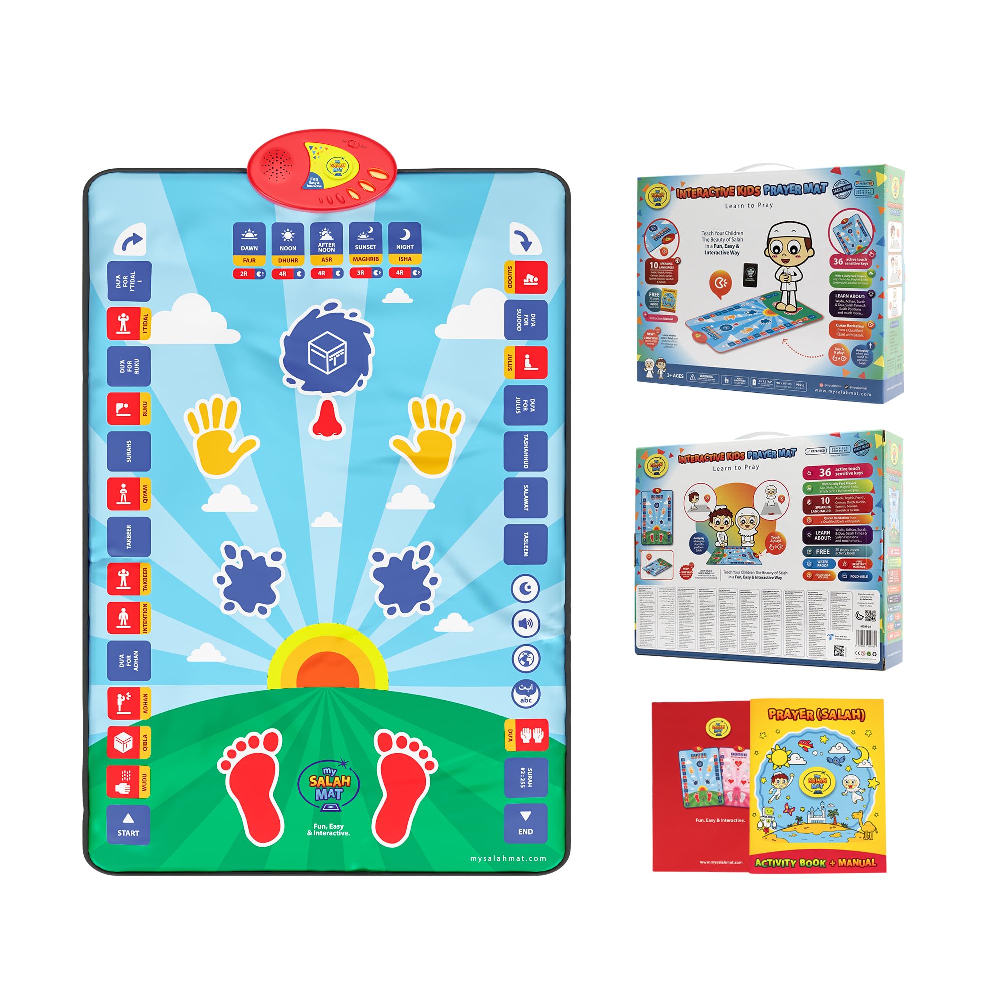 My Salah Mat front view showing full prayer guidance and colorful design benefit: clear learning