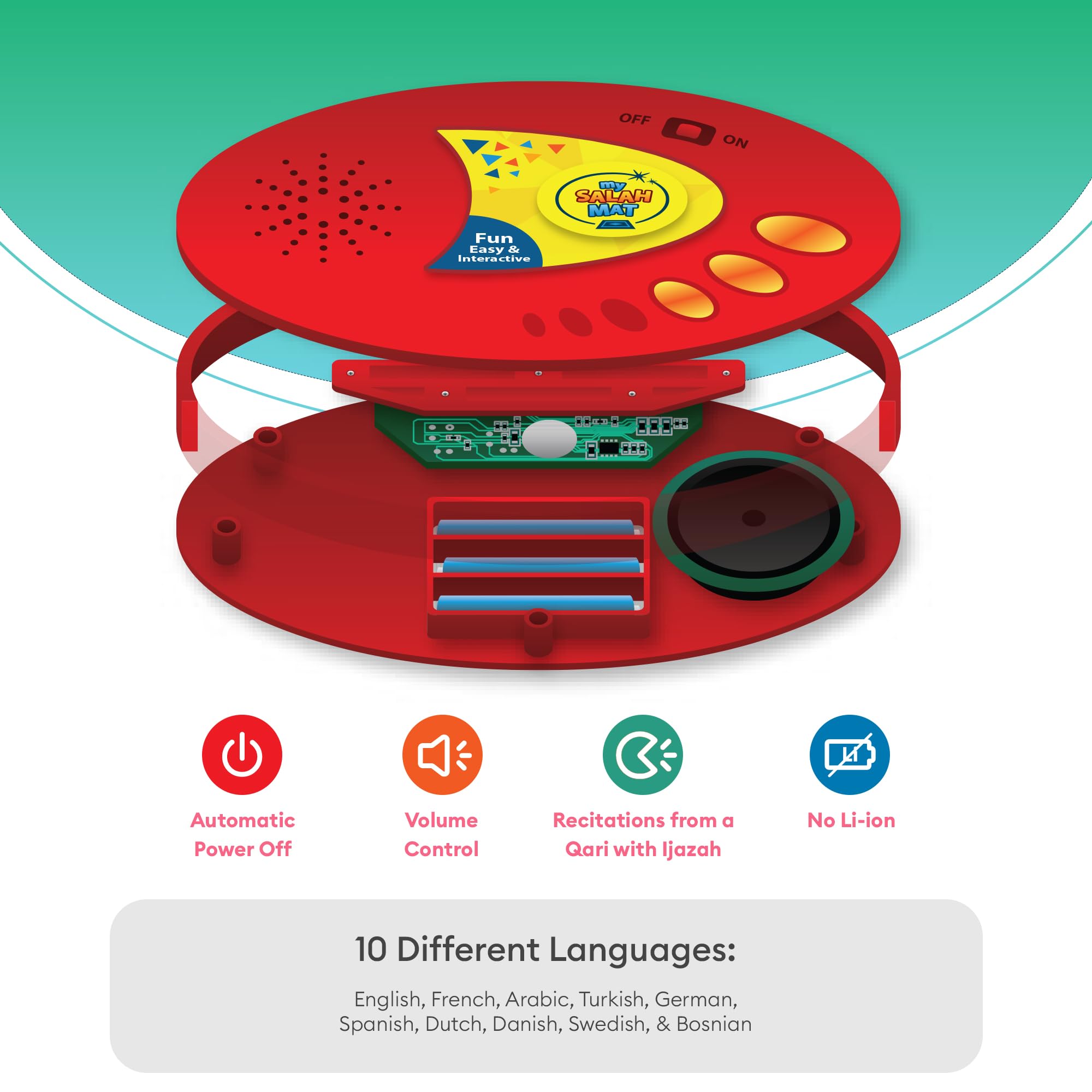 Close-up of language selection display on My Salah Mat benefit: multilingual learning