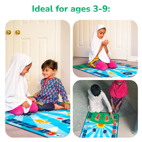 My Salah Mat next to child for scale showing size and coverage benefit: child-appropriate fit