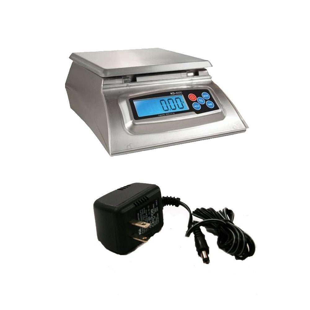 My Weigh KD-8000 front view showing silver housing and full platform — durable kitchen scale