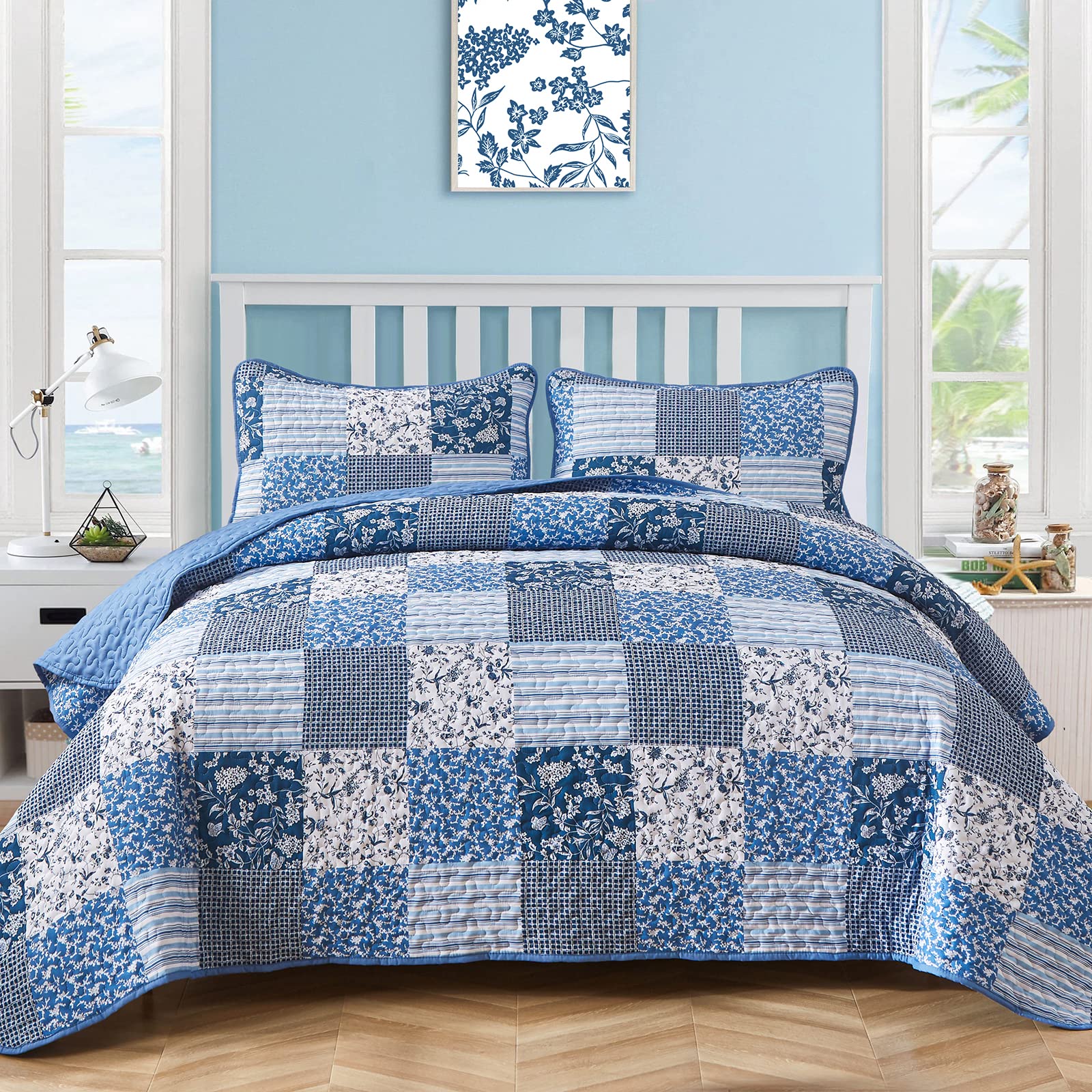 Mybedsoul king quilt front view showing blue floral patchwork and cozy appeal