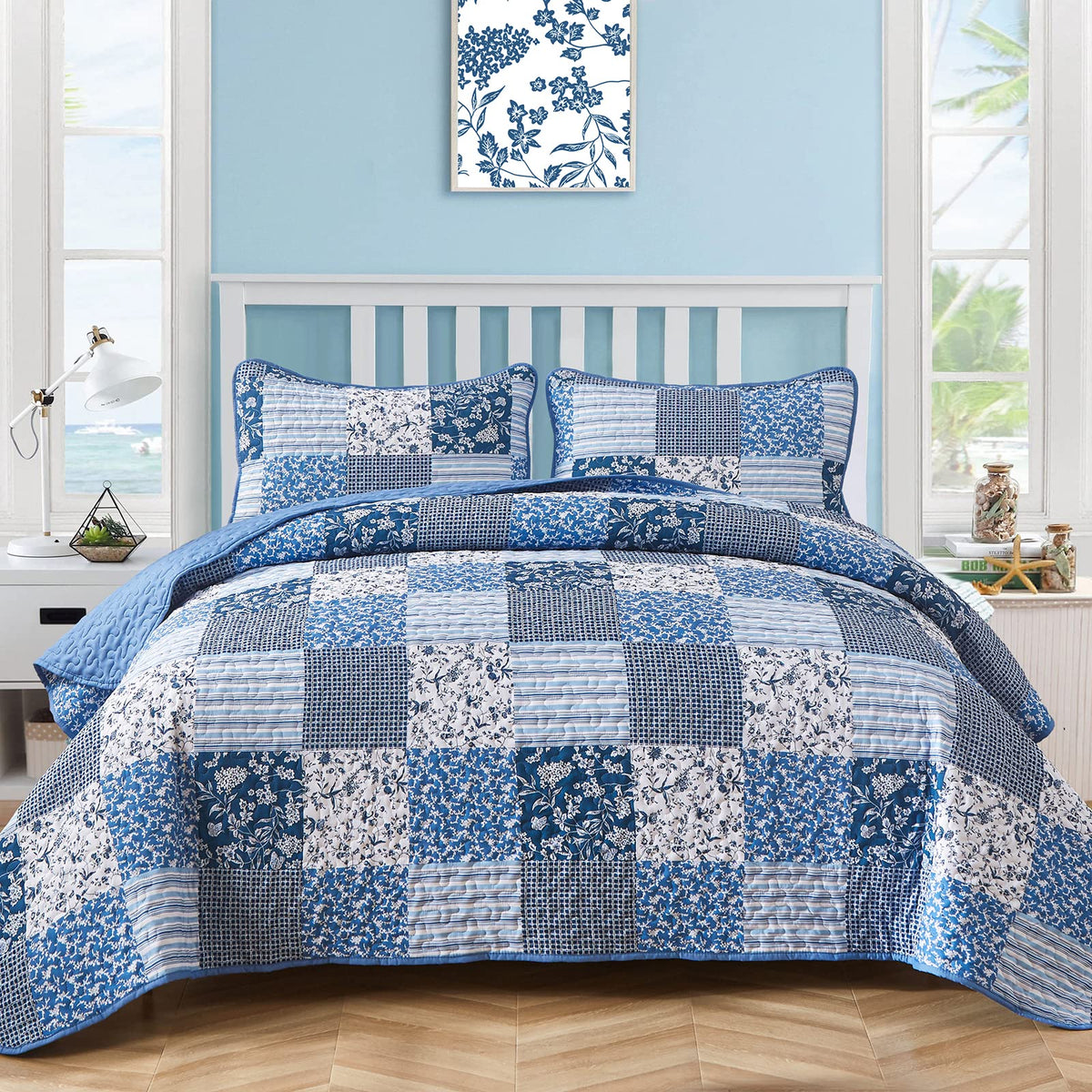 Mybedsoul king quilt front view showing blue floral patchwork and cozy appeal