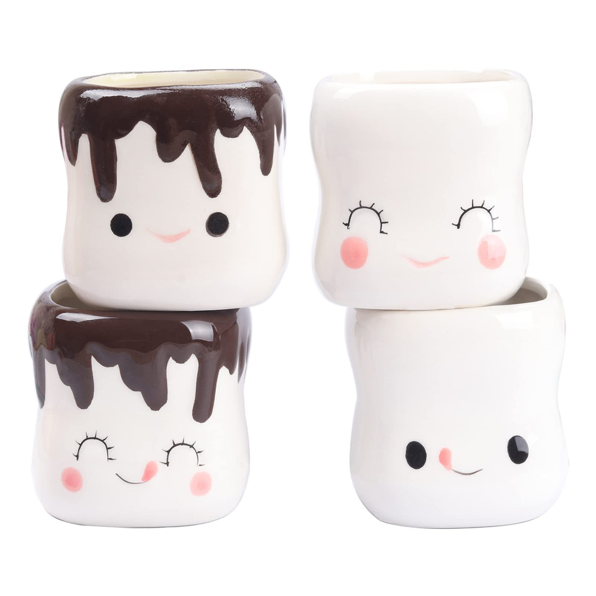 Mycts front view of four marshmallow mugs showing smiling faces and cheerful gift appeal