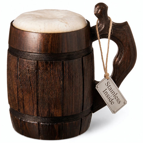 MyFancyCraft wooden beer mug front view showing rustic barrel design and durable finish