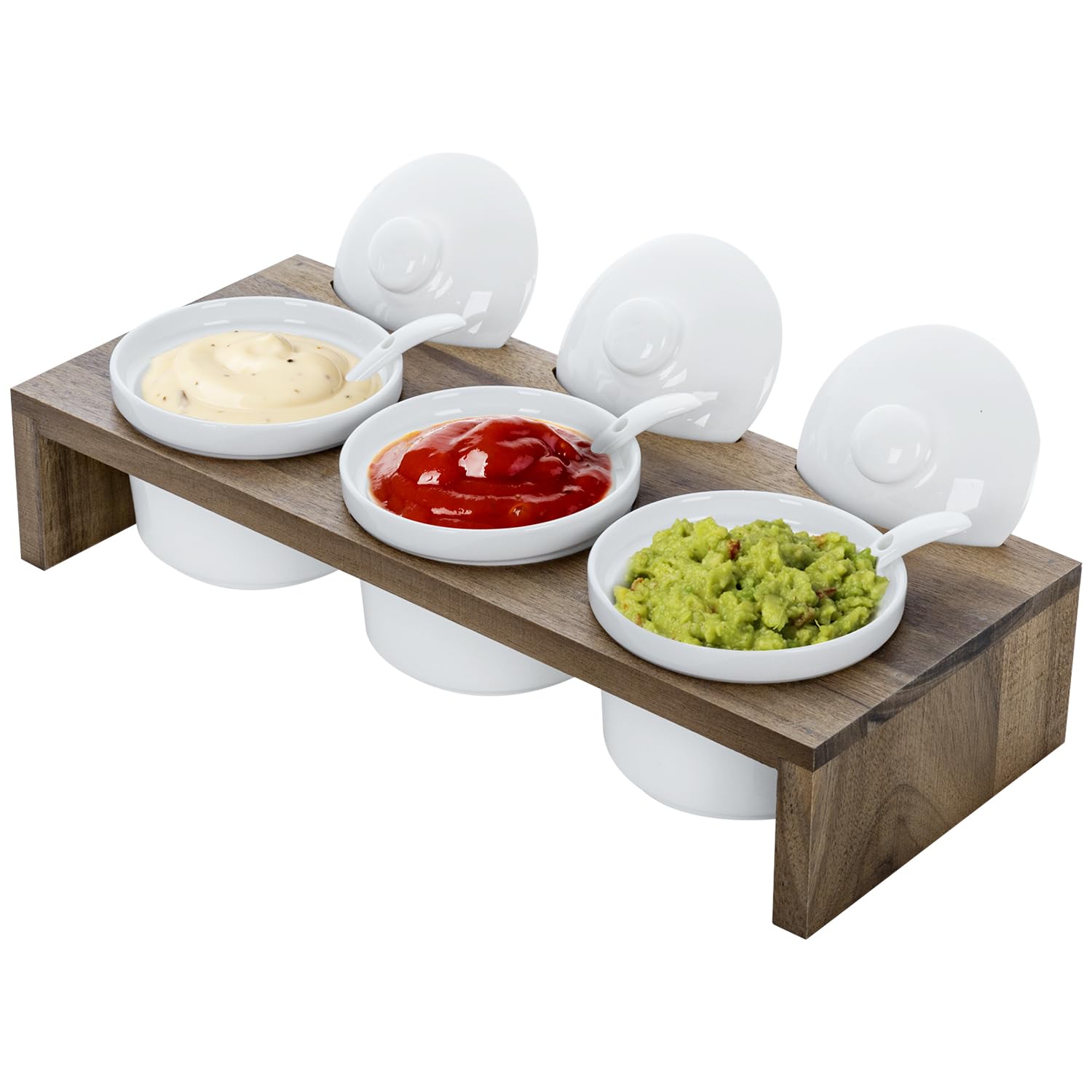 MyGift acacia tray front view showing organized condiment display and elegant serving
