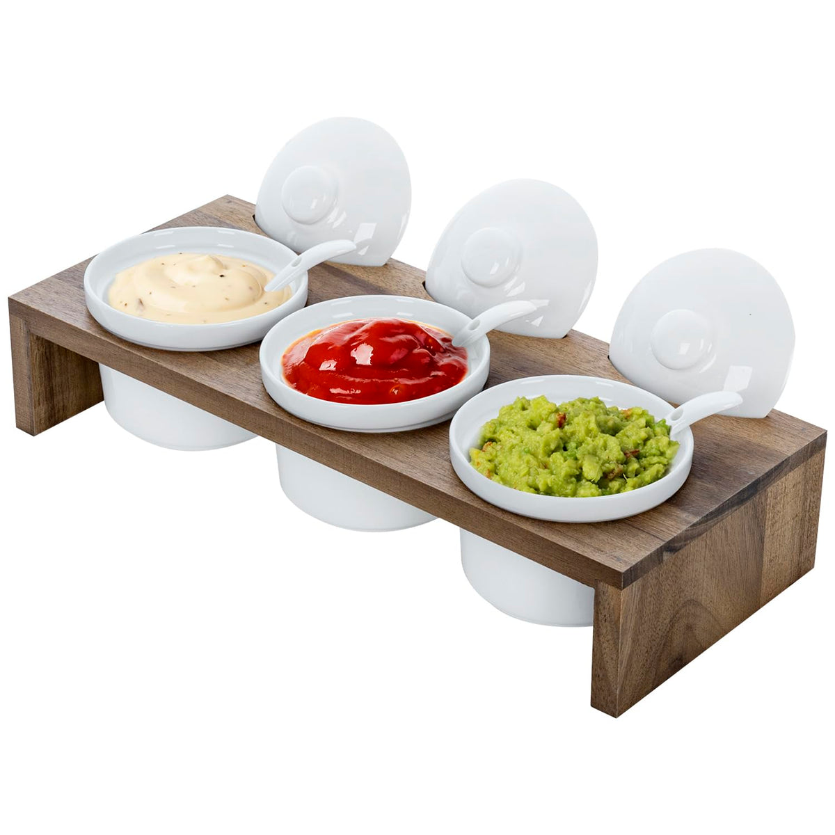 MyGift acacia tray front view showing organized condiment display and elegant serving