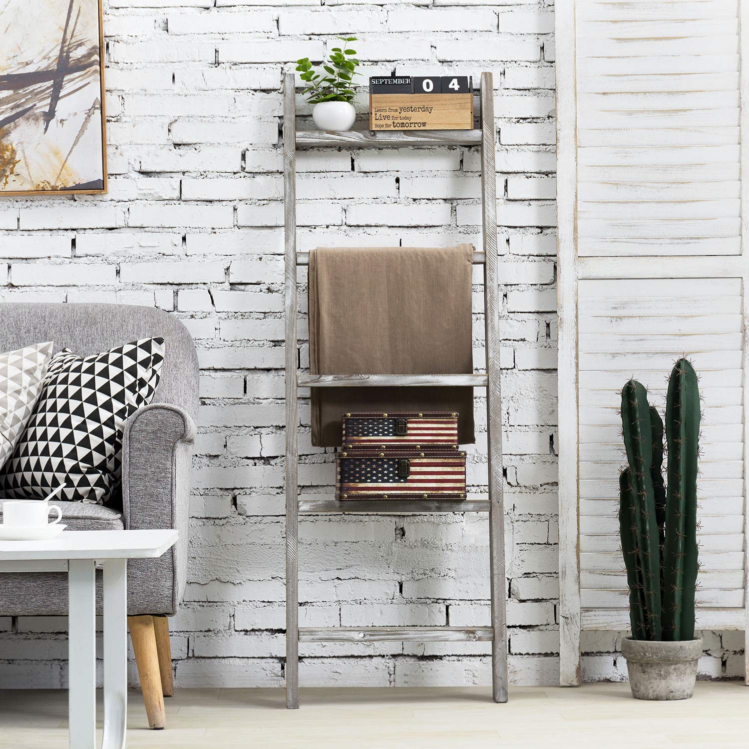 MyGift ladder staged in bathroom holding towels to maximize storage