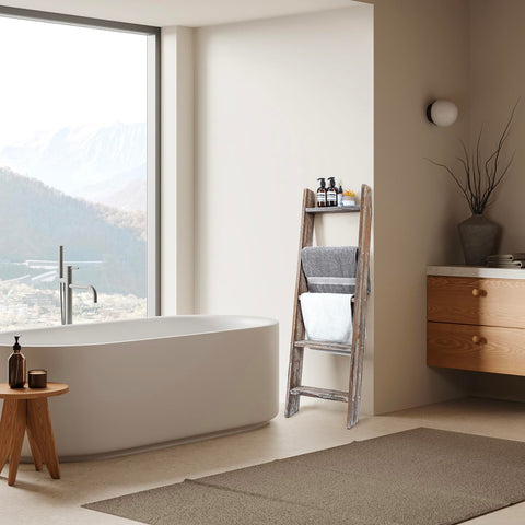 MyGift ladder in bathroom displaying towels for organized storage