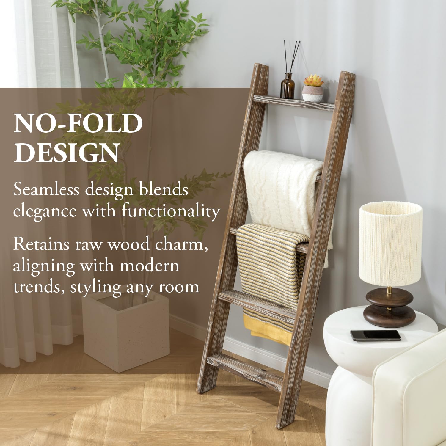 MyGift ladder styled in living room holding throws, adds cozy decor