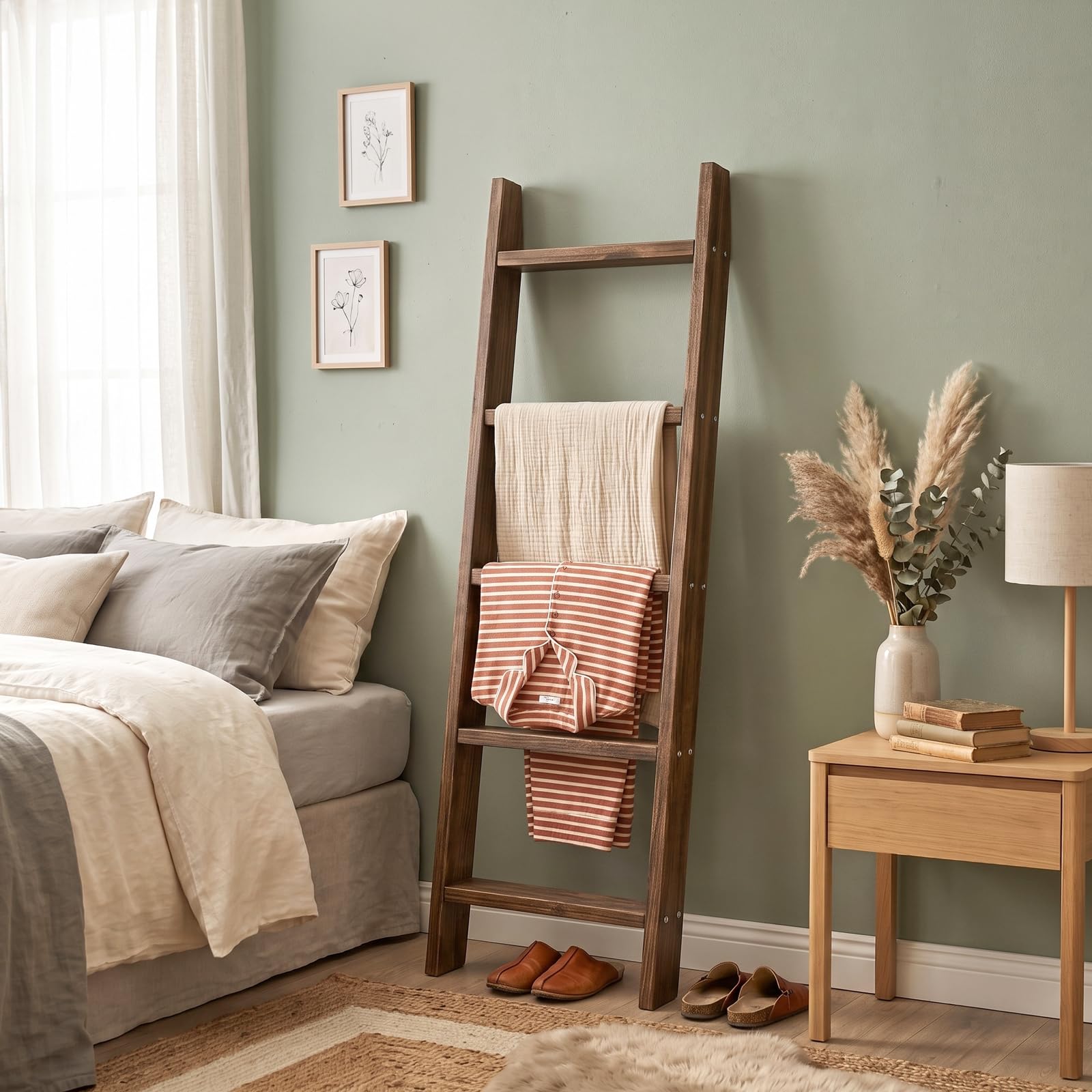 MyGift ladder holding folded blankets in living room adding organization