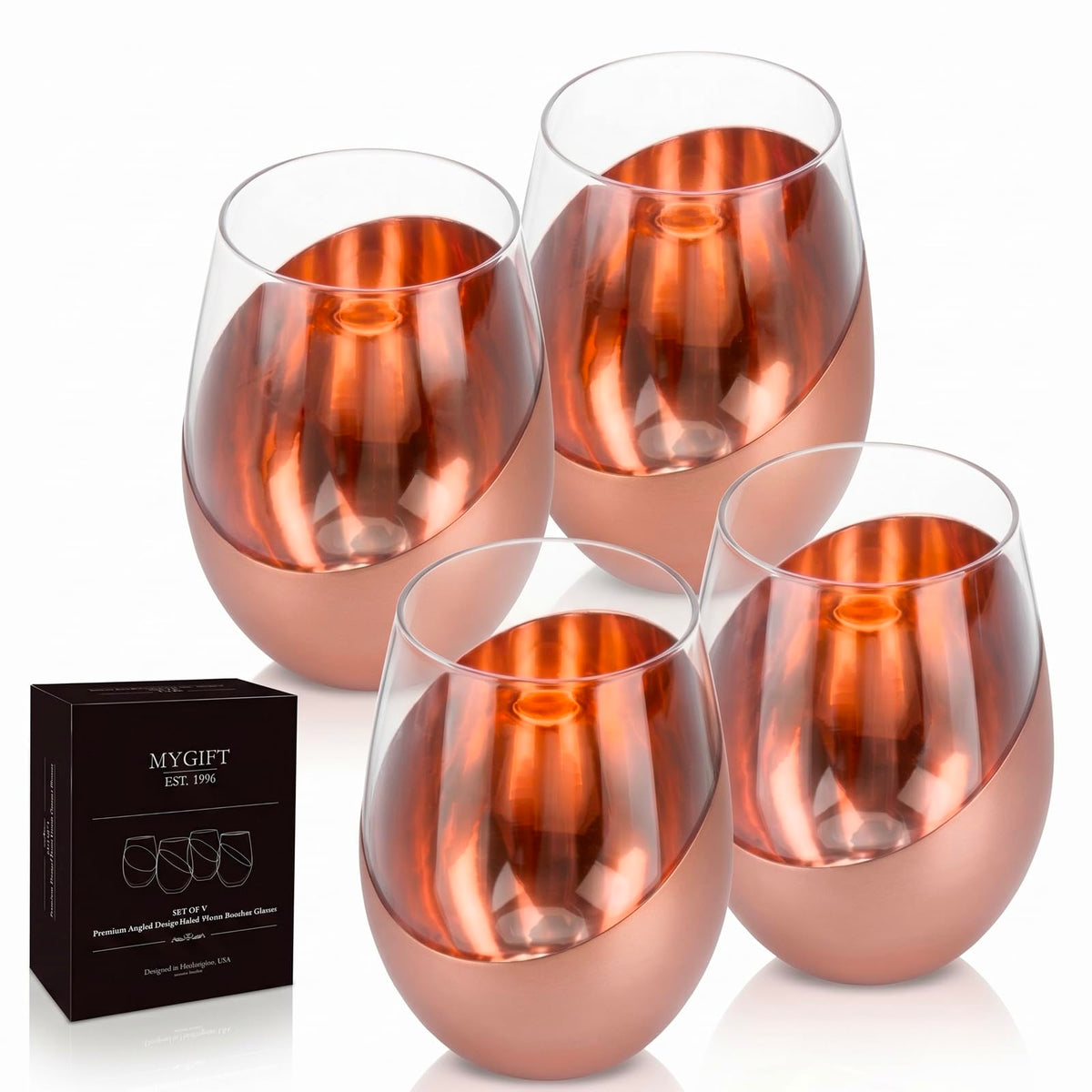 MyGift stemless glass set front view showing elegant copper accent and modern look