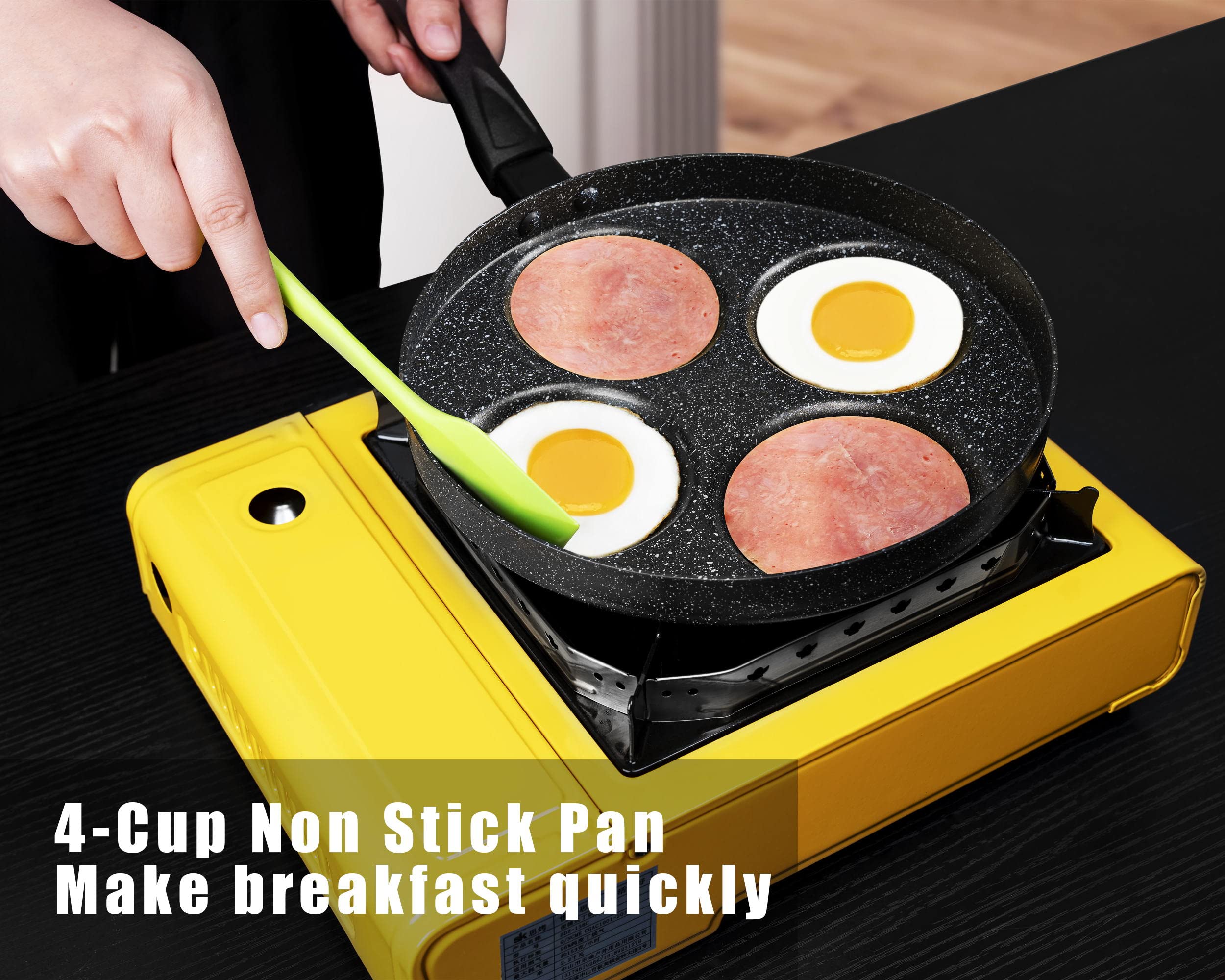 MyLifeUNIT top-down view with four fried eggs cooking evenly for quick breakfasts