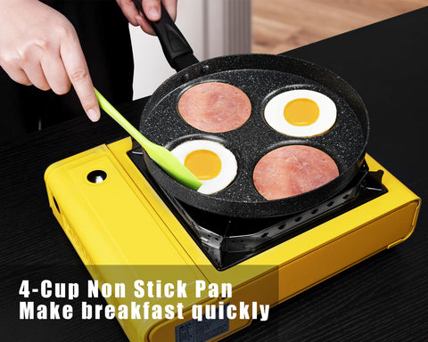 MyLifeUNIT top-down view with four fried eggs cooking evenly for quick breakfasts