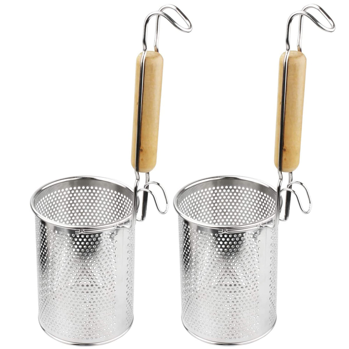 MyLifeUNIT front view stainless mesh spider strainer showing deep basket and wooden handle for safe lifting