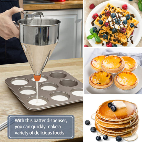 MyLifeUNIT pouring pancake batter onto skillet for consistent rounds