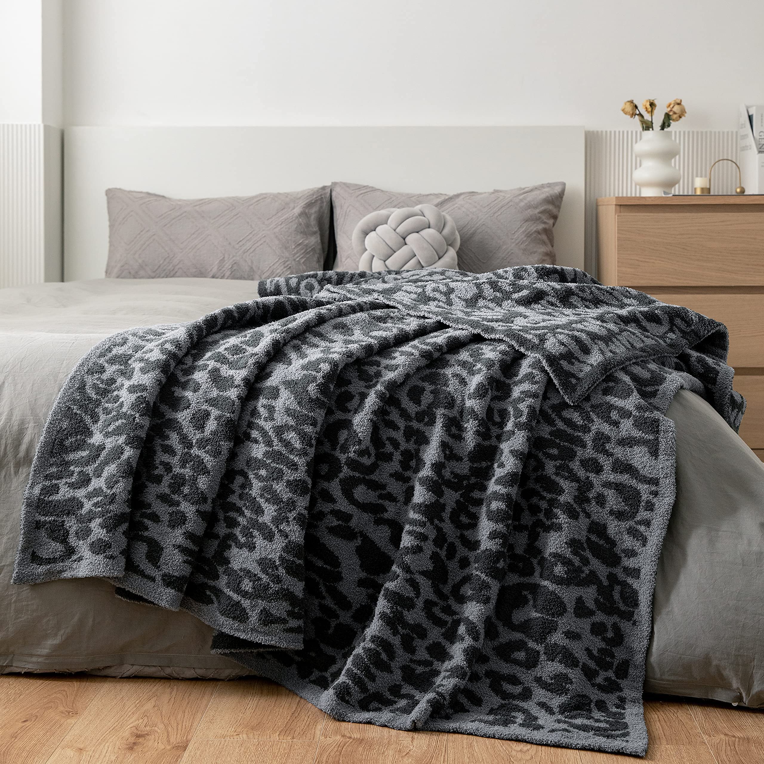 MH MYLUNE HOME front view of charcoal blue leopard throw showcasing pattern and size for decor