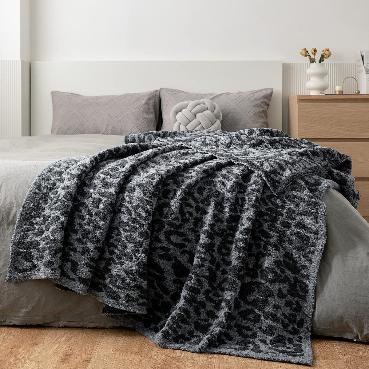 MH MYLUNE HOME front view of charcoal blue leopard throw showcasing pattern and size for decor