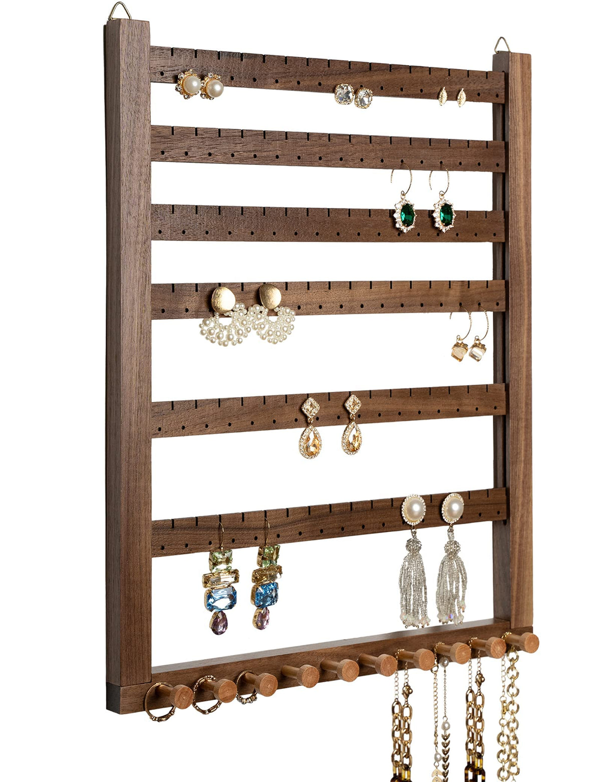 Mymazn front view of walnut frame showing organized jewelry and tidy display