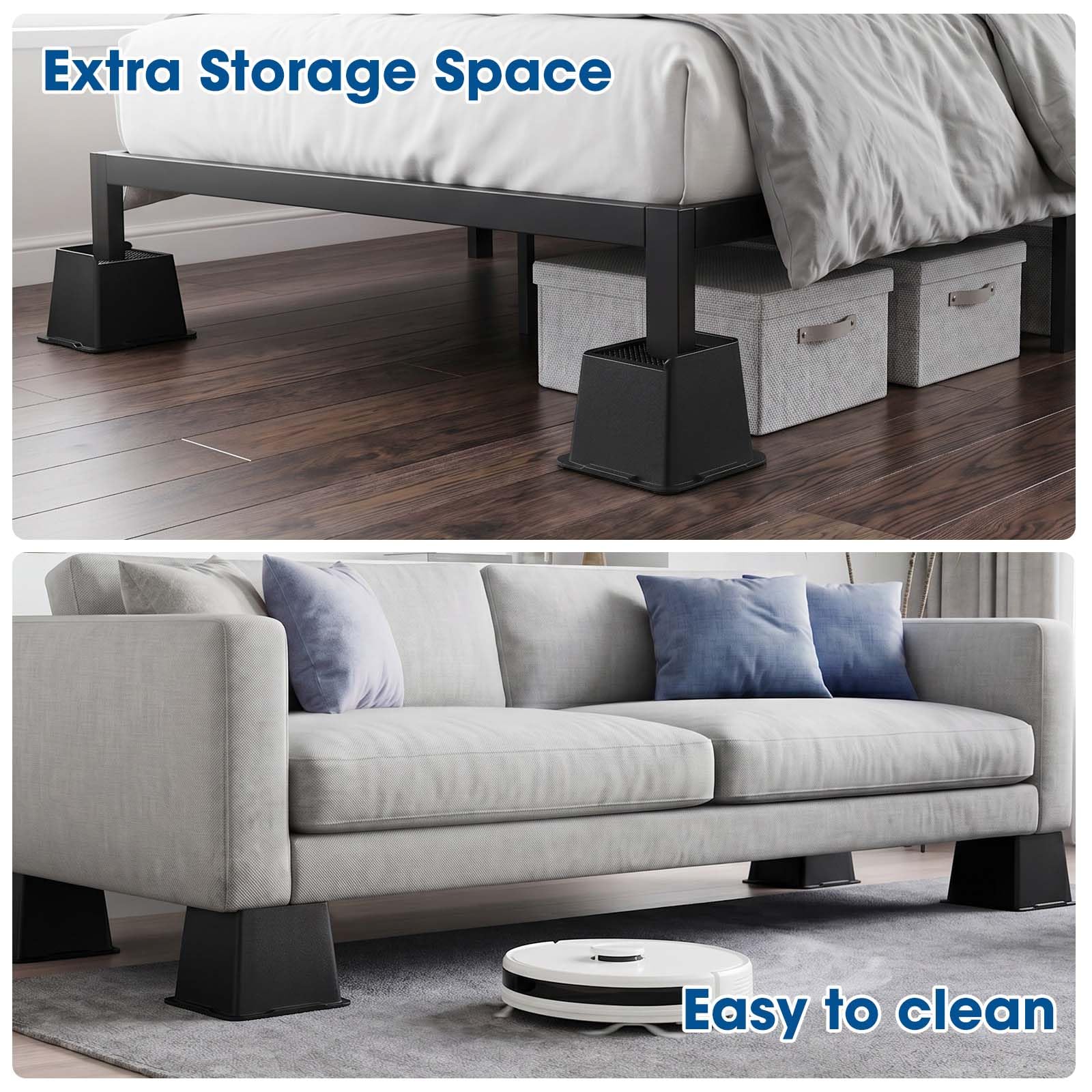 MYMULIKE risers under bed demonstrating added storage and cleaning access
