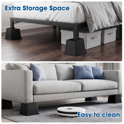 MYMULIKE risers under bed demonstrating added storage and cleaning access