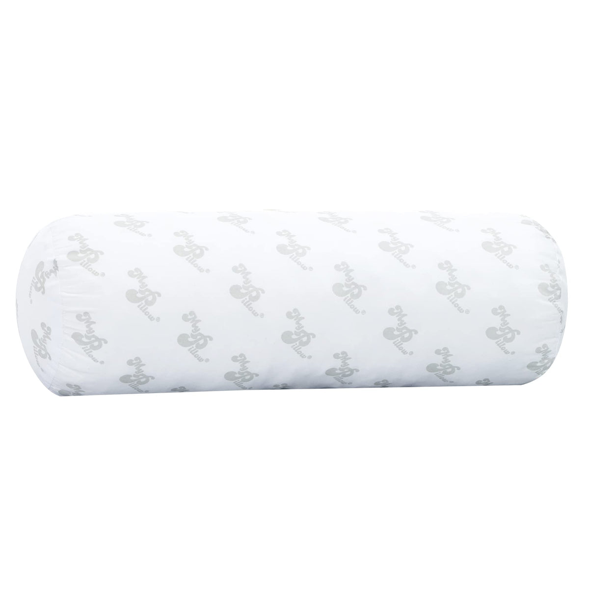 MyPillow bolster front view showing clean white cover and compact cylindrical shape for support