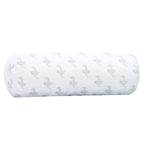 MyPillow bolster front view showing clean white cover and compact cylindrical shape for support