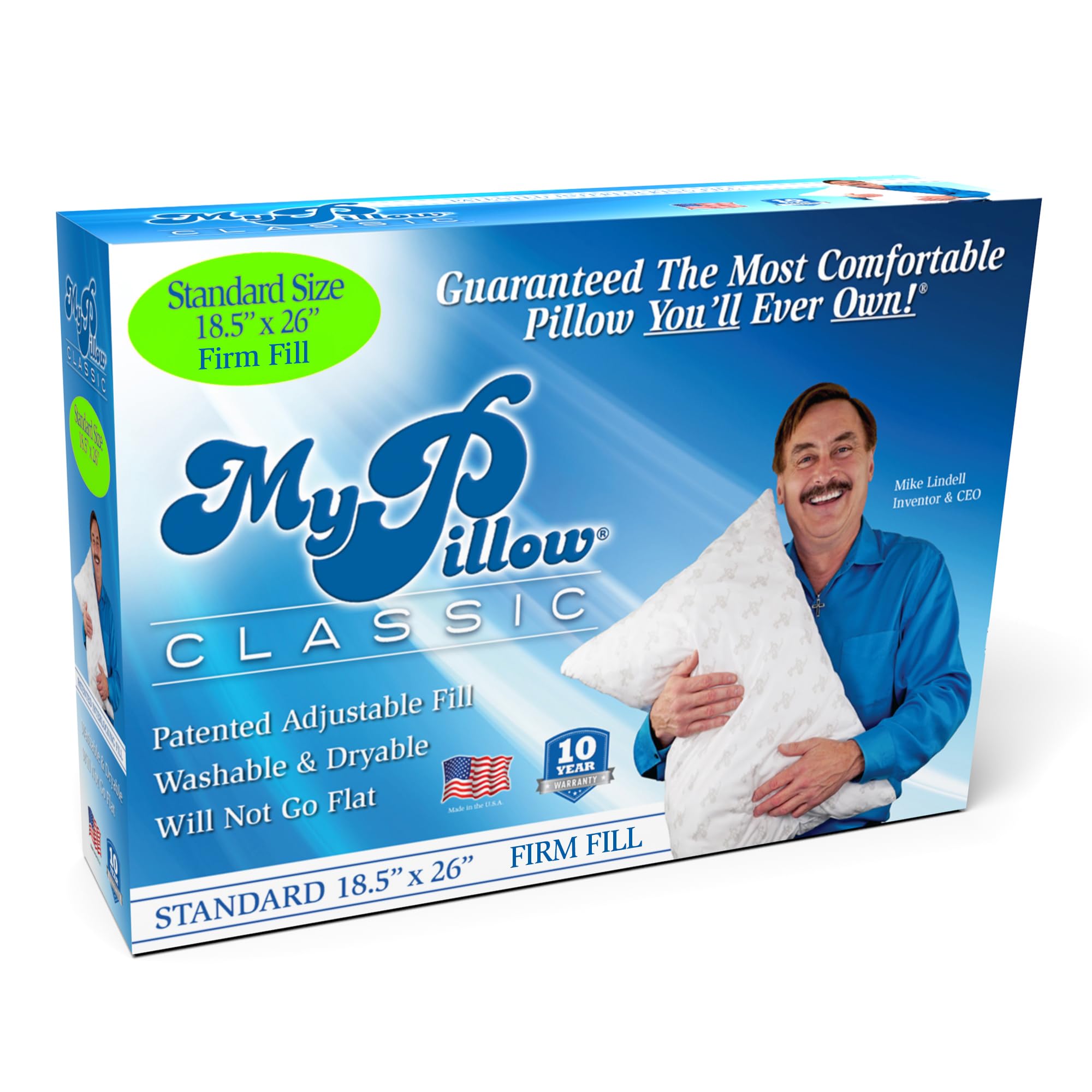 MyPillow front view showing firm shape and neat finish, brand comfort visible