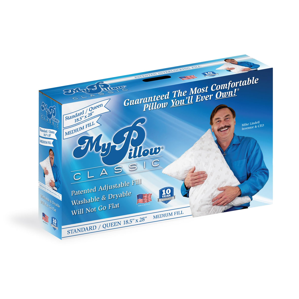 MyPillow classic queen front view showing shape and medium support