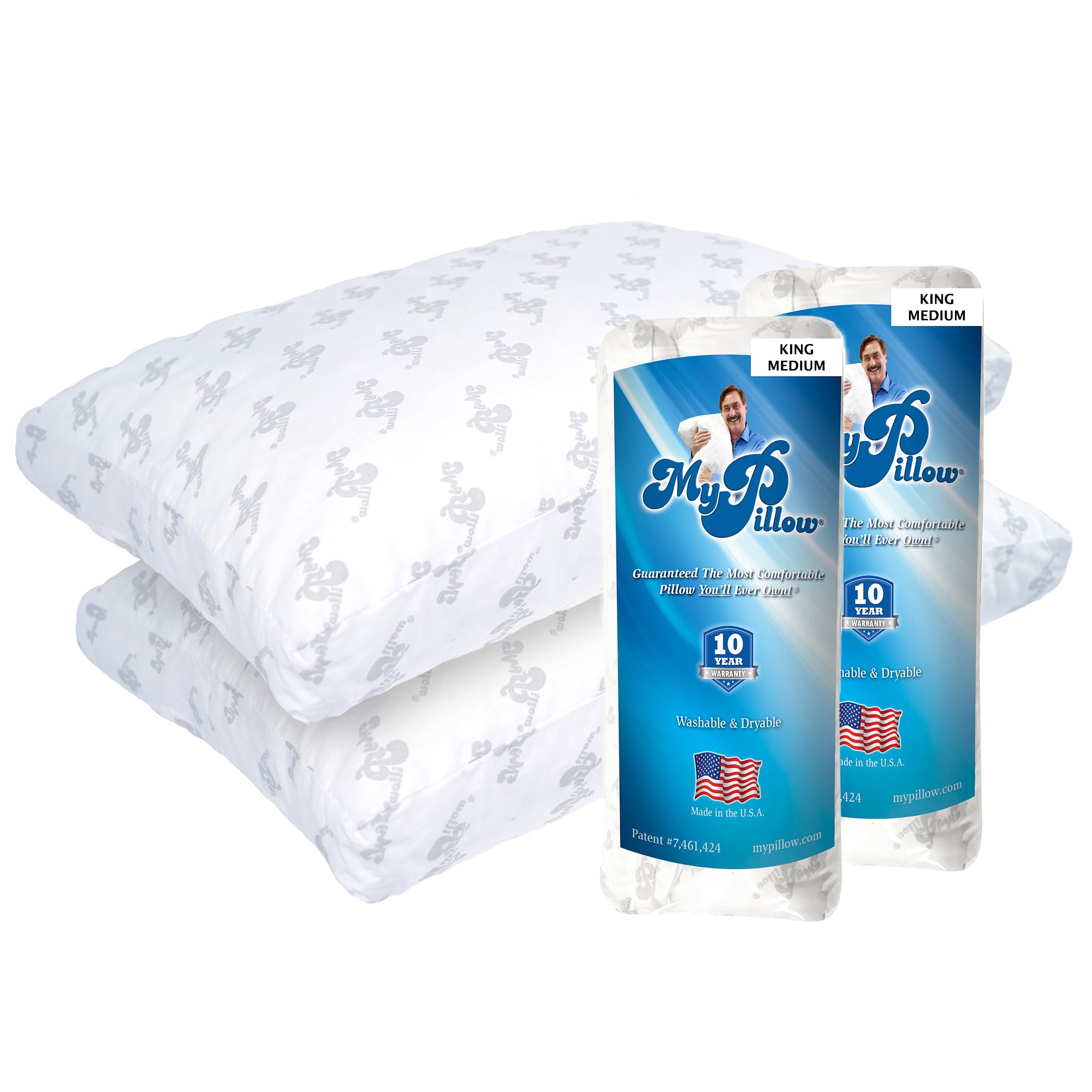 MyPillow front packaging showing the two-pack and premium claim for easy setup