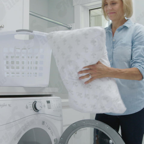 MyPillow machine-washable tag indicating easy-care freshness