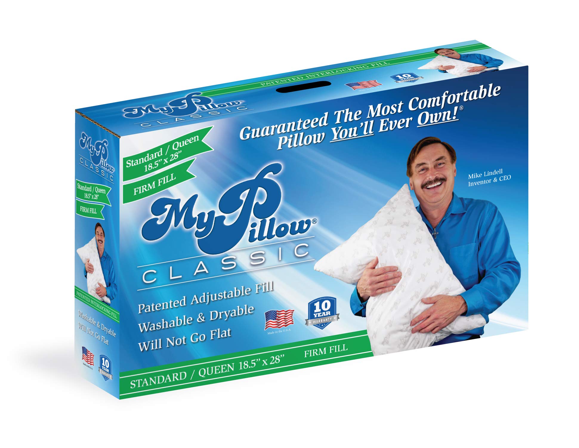 MyPillow queen classic front view showing firm shape and support