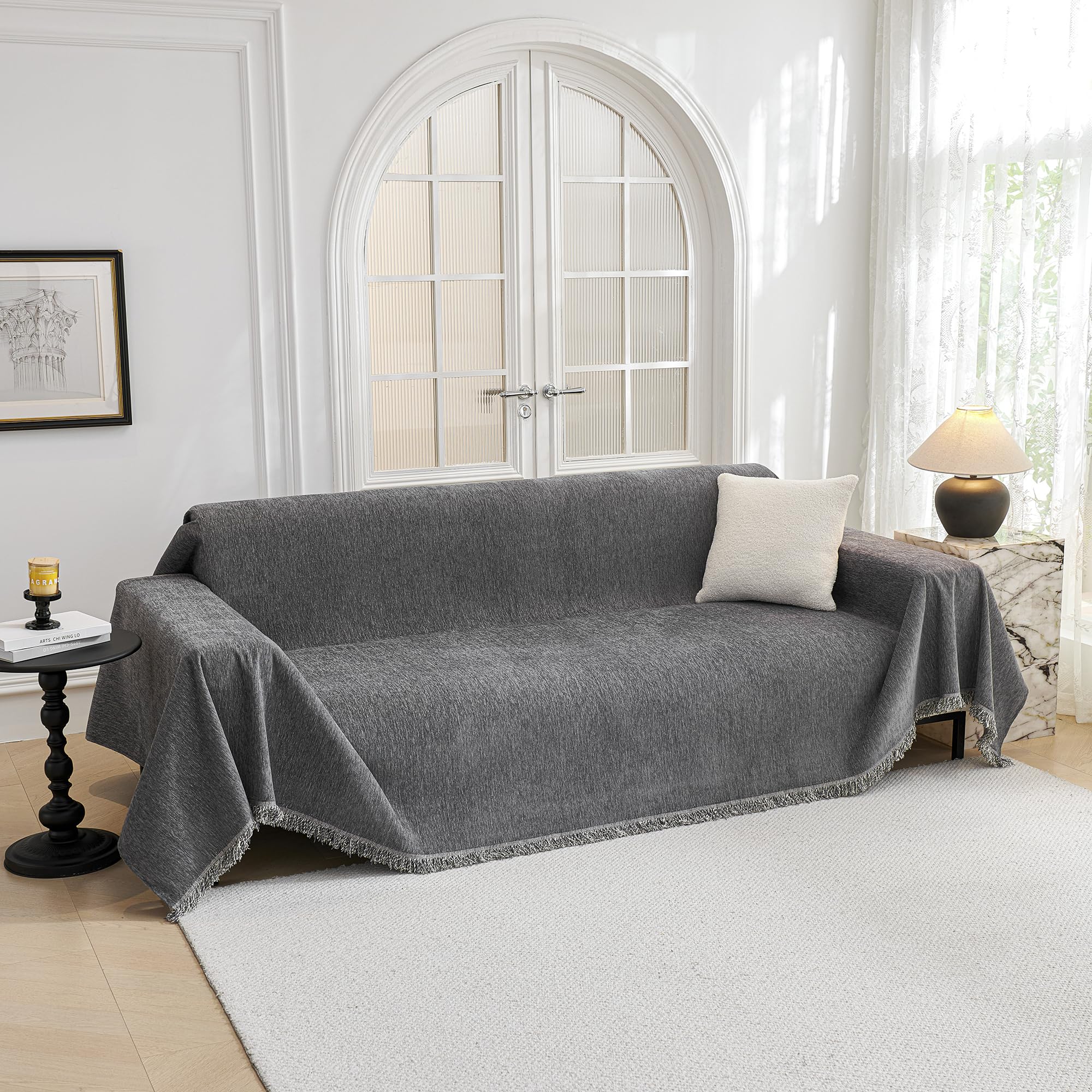 MYSKY HOME front view of dark grey chenille couch cover showing full sofa protection