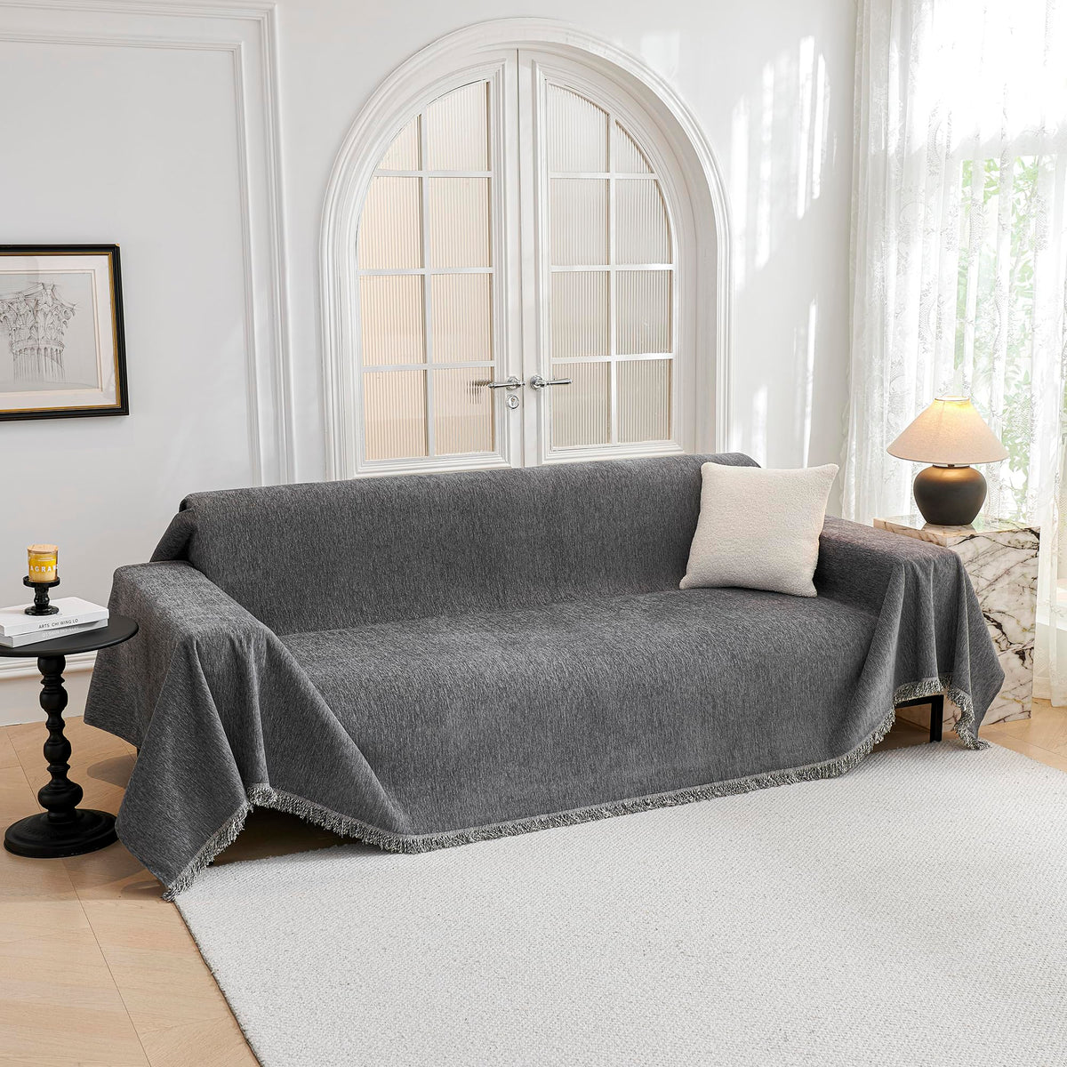 MYSKY HOME front view of dark grey chenille couch cover showing full sofa protection