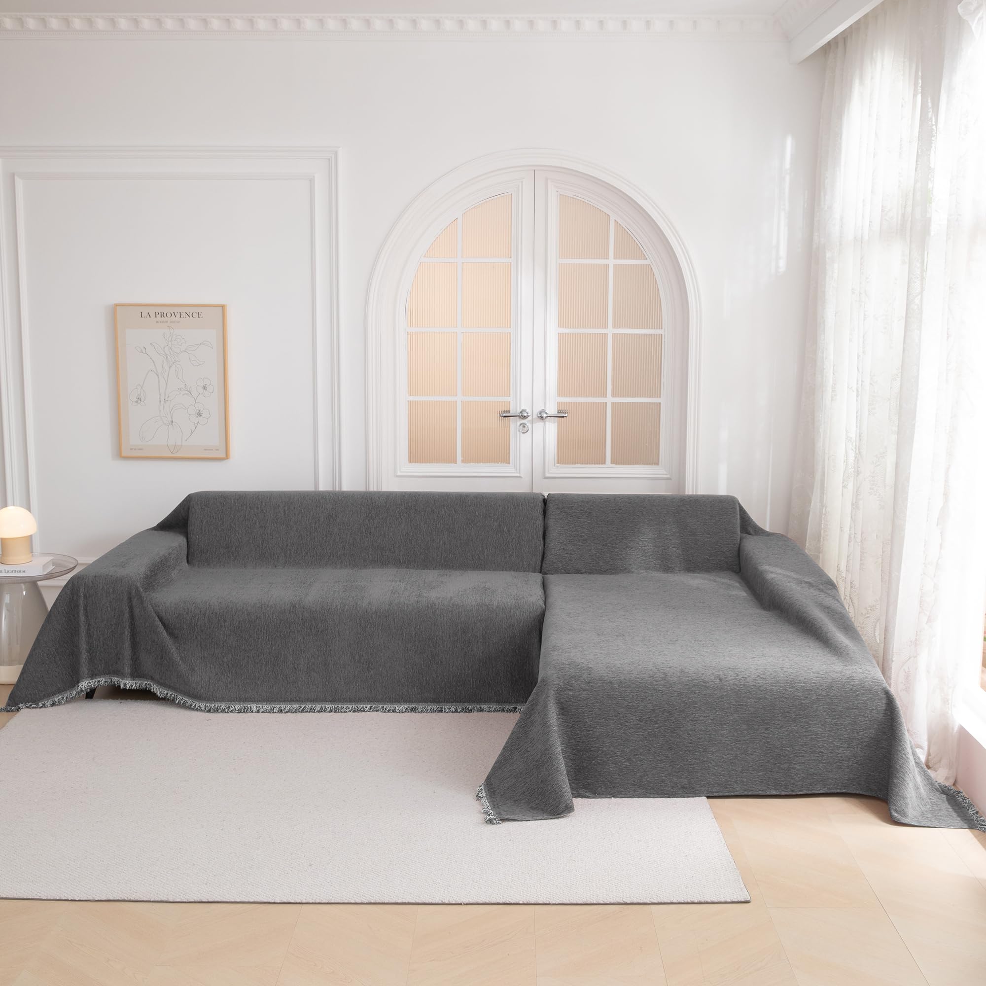 MYSKY HOME cover in use with dog on sofa demonstrating pet protection and easy cleanup