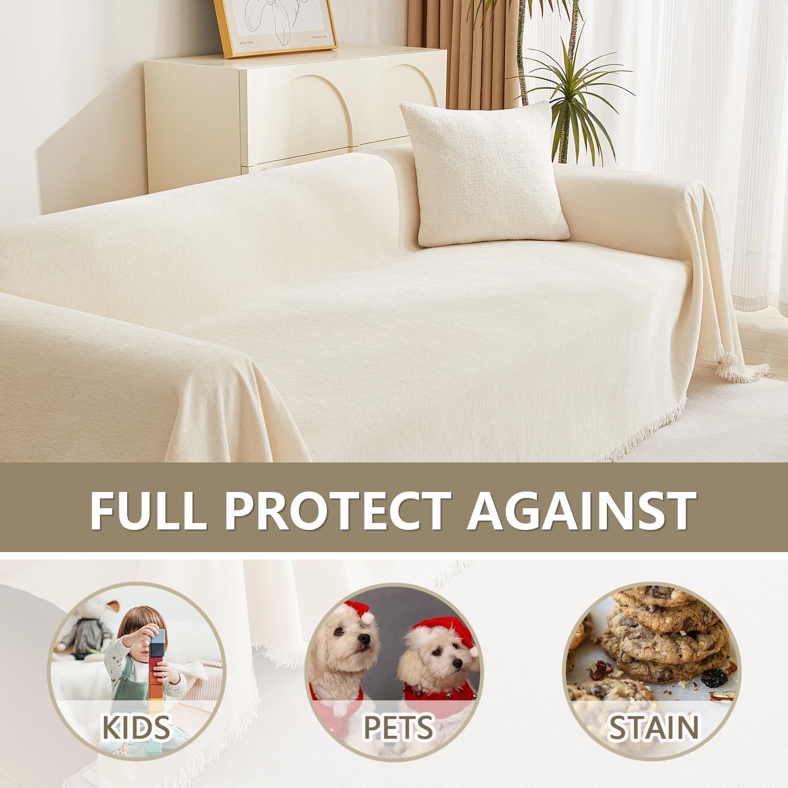 MYSKY HOME cover on sofa with dog demonstrating pet-friendly protection