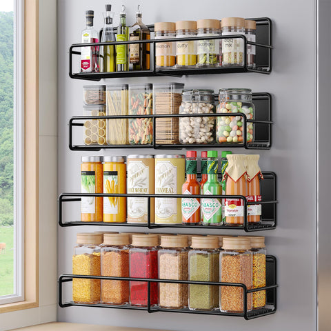 Mystozer front view showing four black magnetic shelves and organized spices benefit efficient storage