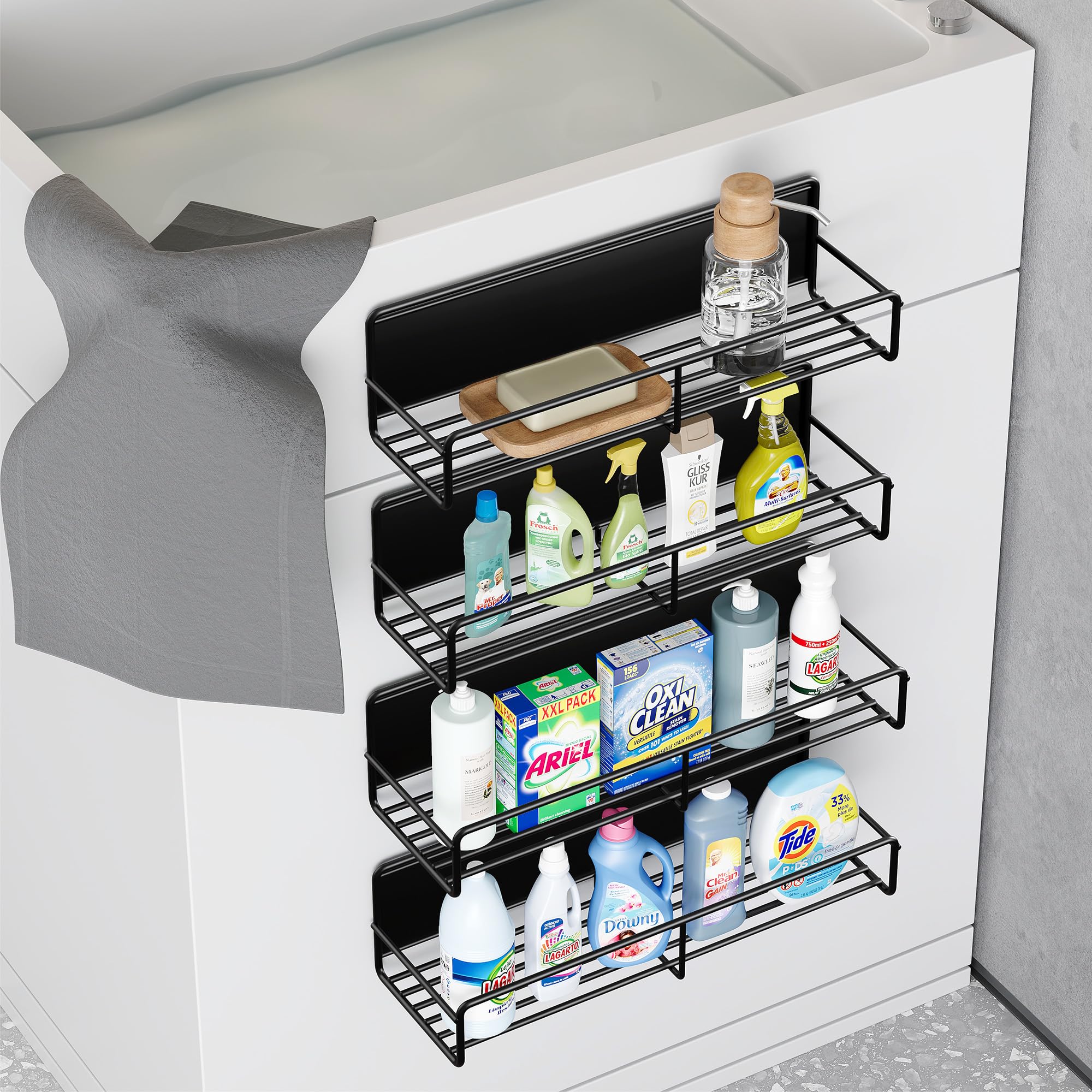 Mystozer lifestyle kitchen scene with mounted racks maximizing fridge space and convenience