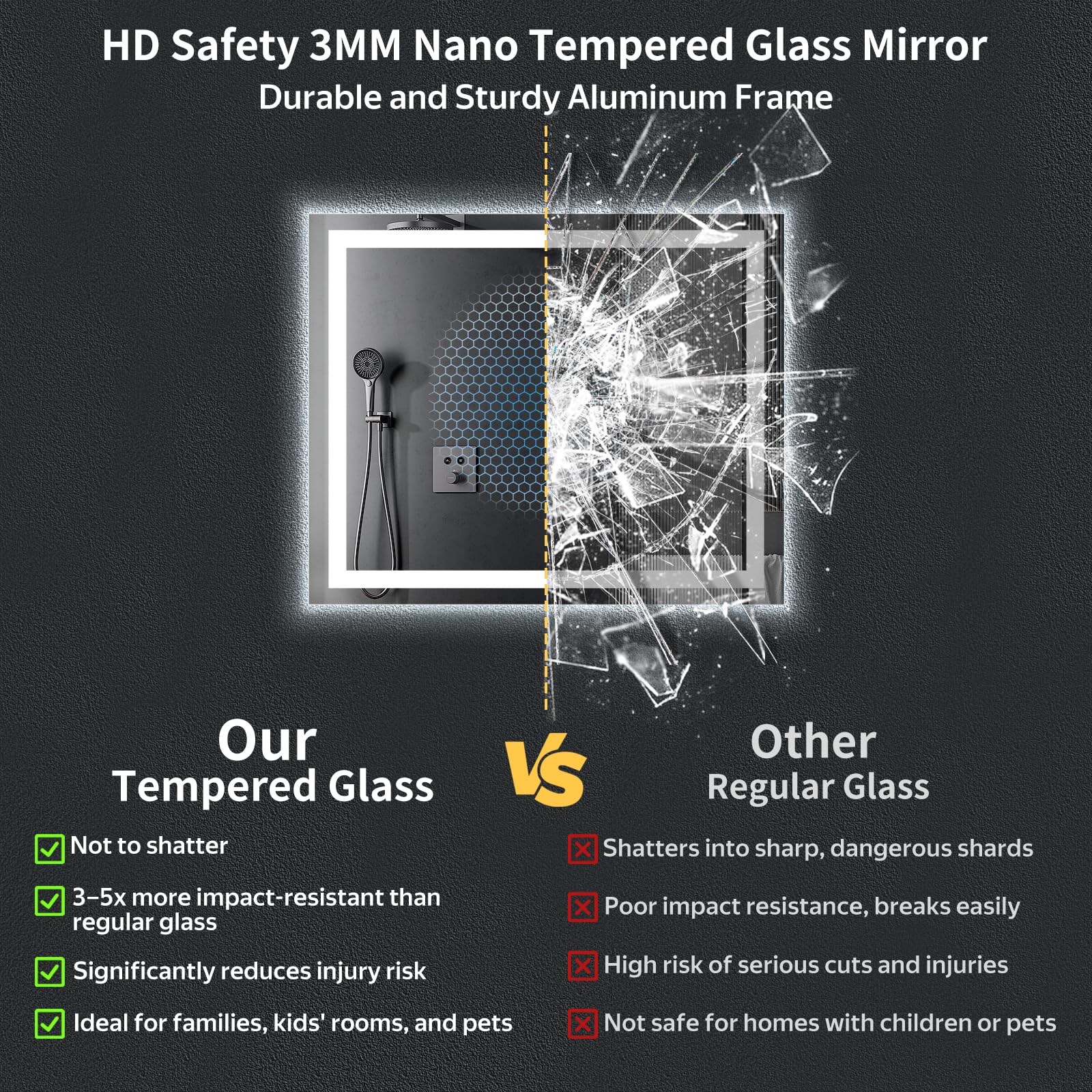 MYSUNORIA tempered glass edge emphasizing shatter-resistant safety benefit