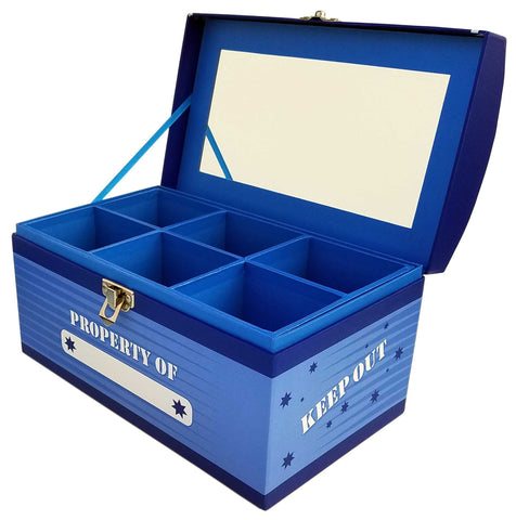 My Tiny Treasures Box superhero blue front view showing secure latch and decor benefit