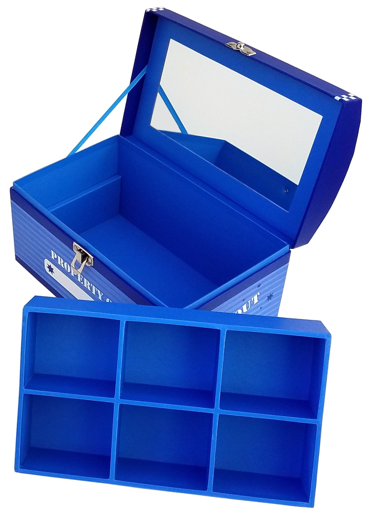 My Tiny Treasures Box superhero blue lower compartment holding larger toys for concealed storage benefit