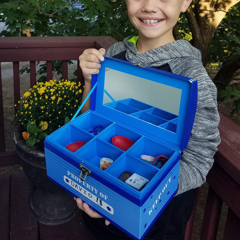 My Tiny Treasures Box superhero blue interior mirror visible for play and display benefit
