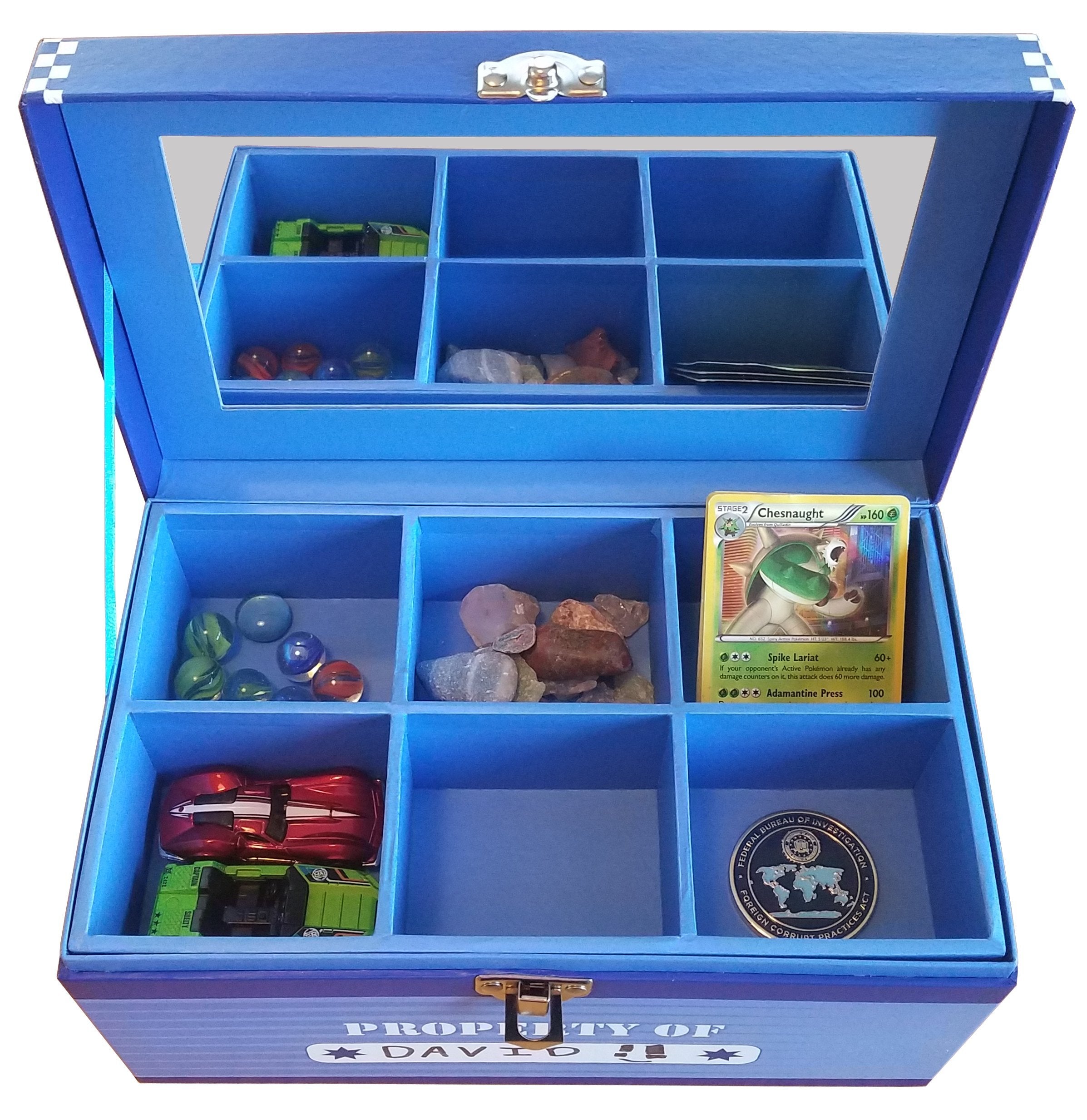 My Tiny Treasures Box superhero blue open tray overhead showing organized compartments benefit