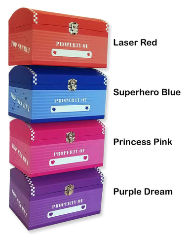 My Tiny Treasures Box superhero blue next to ruler demonstrating compact dimensions benefit