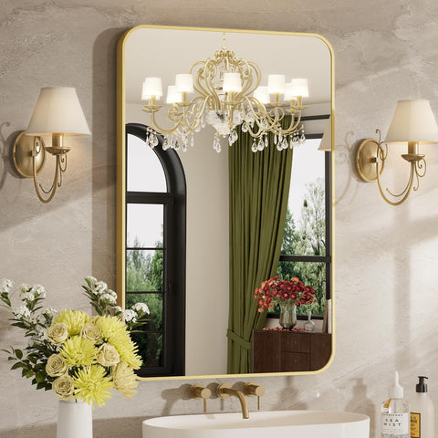 MZON front view of 24x36 brushed gold mirror showing elegant profile and benefit: instant focal point