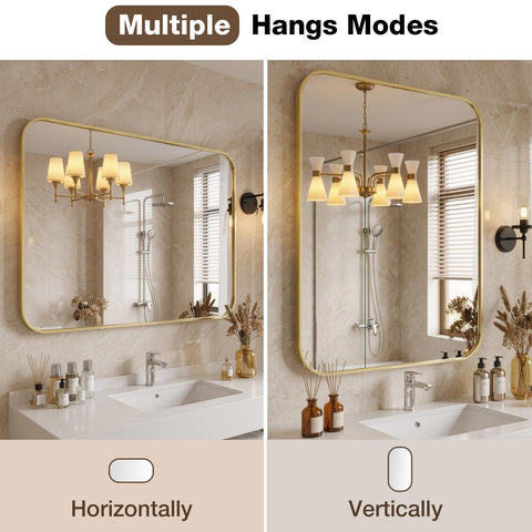 MZON mirror beside sink showing size comparison and benefit: ideal fit for standard vanities