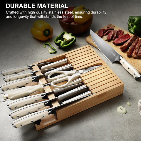 N NOBLE FAMILY cutting board with knives arranged showing versatile prep convenience
